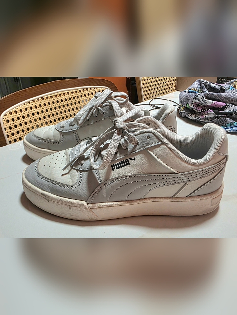 Puma White Gray Big Kids Low-Profile Leather Sneakers - Picture 2 of 7